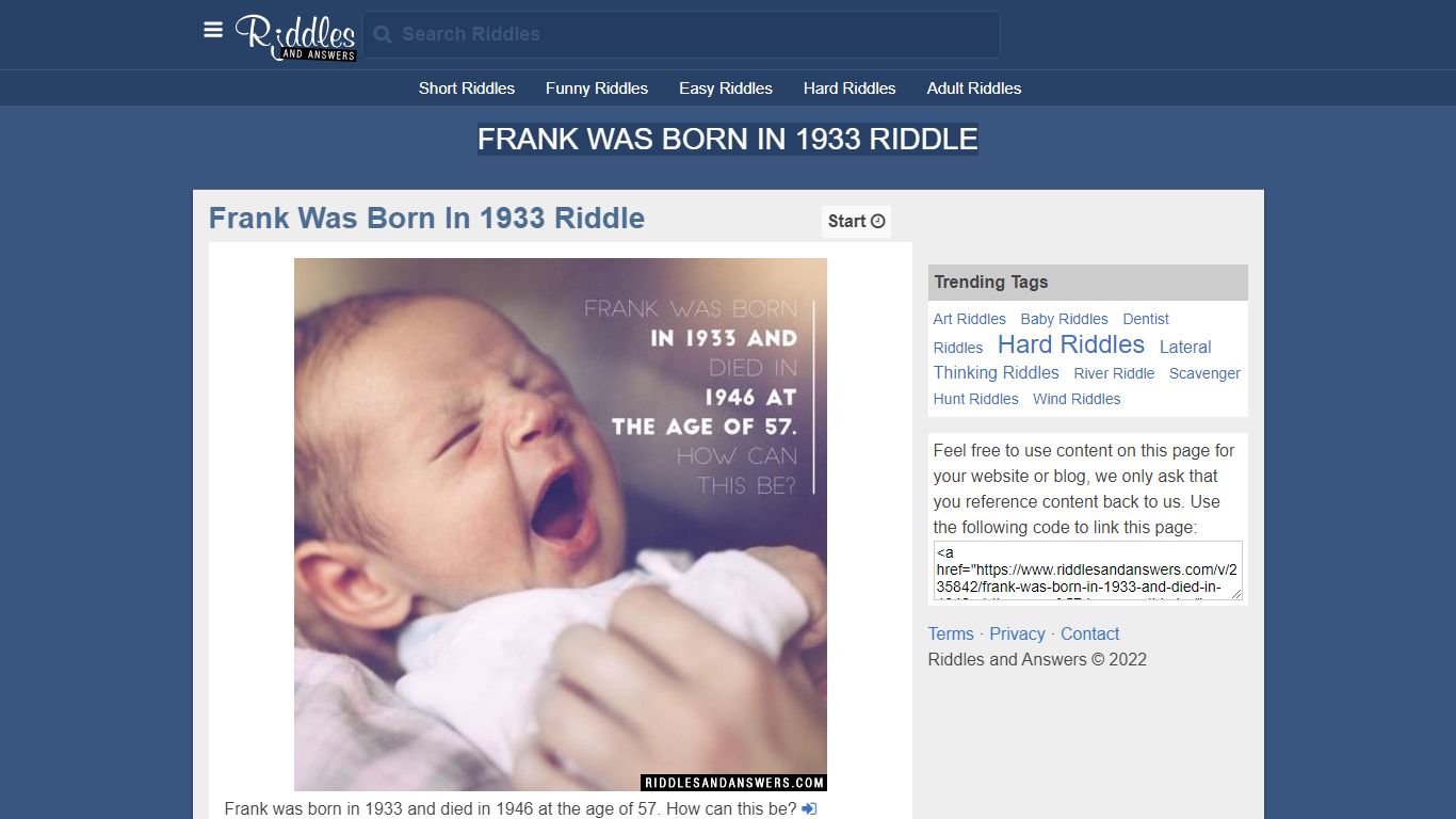 Frank Was Born In 1933 Riddle - Riddles and Answers