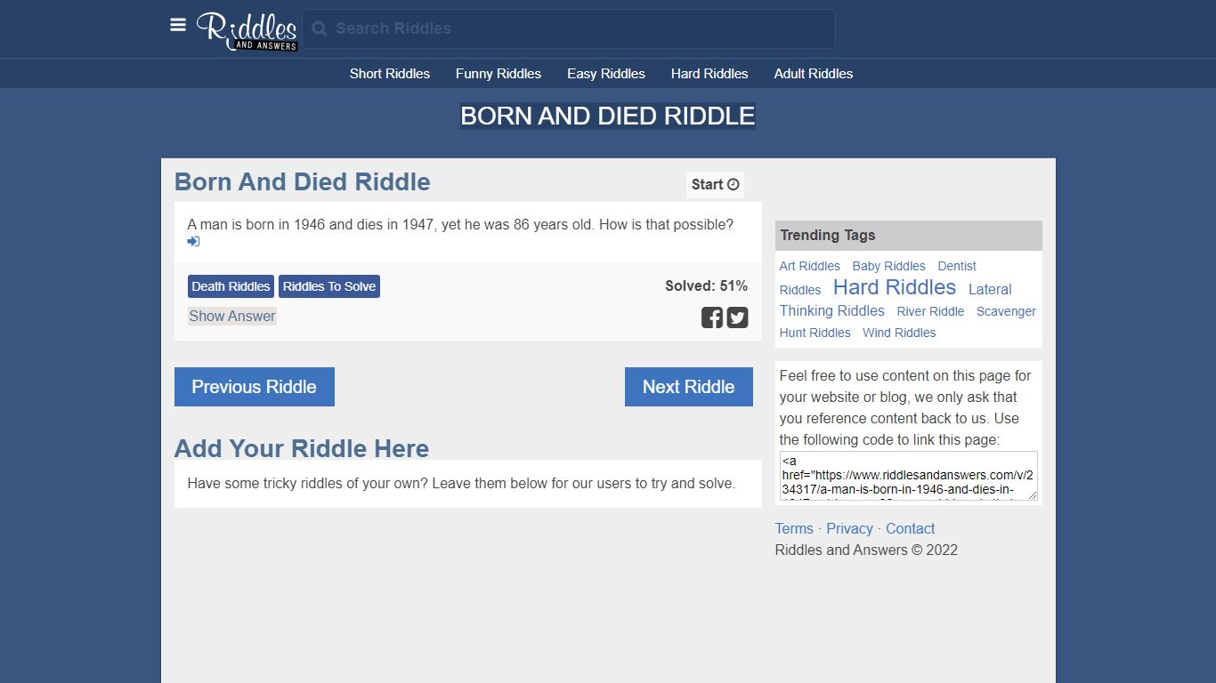 Born And Died Riddle - Riddles and Answers